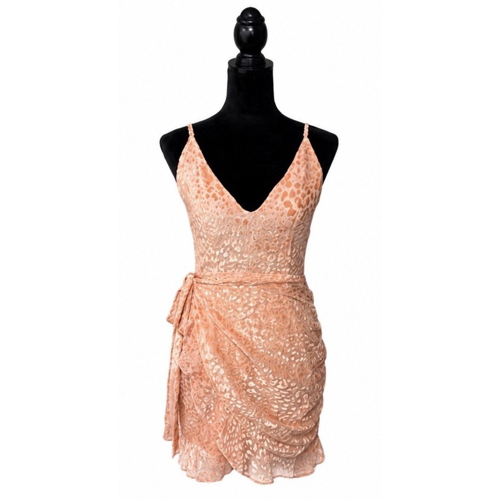 Angel Biba Wrap Mini Dress Womens 5 Peach Pink Excellent Leopard Burnout Ruffle